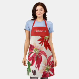 Rustic Red Watercolor Poinsettia Floral Greenery  Apron