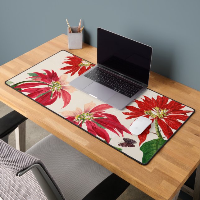 Rustic Red Watercolor Poinsettia Floral Greenery  Desk Mat (Office 2)