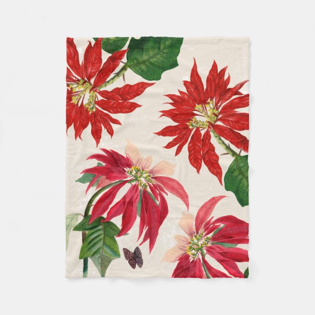 Rustic Red Watercolor Poinsettia Floral Greenery  Fleece Blanket (Front)