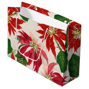 Rustic Red Watercolor Poinsettia Floral Greenery Large Gift Bag