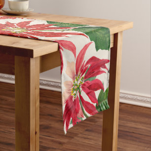 Rustic Red Watercolor Poinsettia Floral Greenery  Long Table Runner