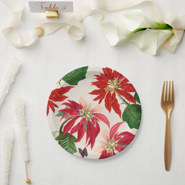 Rustic Red Watercolor Poinsettia Floral Greenery  Paper Plate (Wedding)