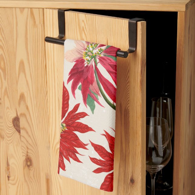 Rustic Red Watercolor Poinsettia Floral Greenery  Tea Towel (Thirds Fold)