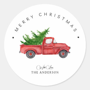 Rustic Red Watercolor Truck With Christmas Tree  Classic Round Sticker