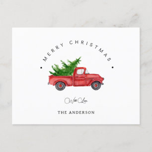 Rustic Red Watercolor Truck With Christmas Tree  Holiday Postcard