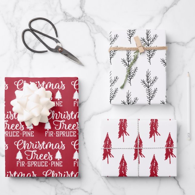 Rustic Red White & Black Christmas Trees Wrapping Paper Sheet (Front)