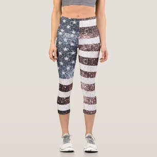 Rustic Red White Blue Sparkles USA flag  Capri Leggings