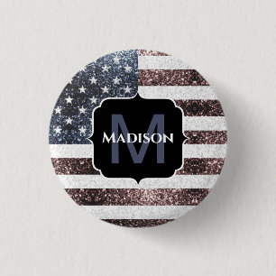Rustic Red White Blue Sparkles USA flag Monogram 3 Cm Round Badge