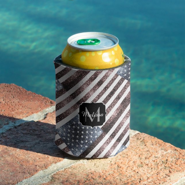 Rustic Red White Blue Sparkles USA flag Monogram Can Cooler (In Situ Pool)