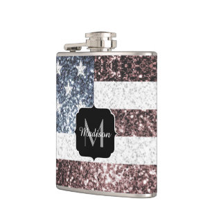 Rustic Red White Blue Sparkles USA flag Monogram Hip Flask