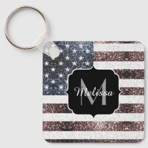Rustic Red White Blue Sparkles USA flag Monogram K Key Ring