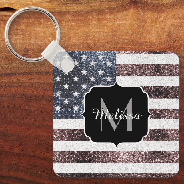 Rustic Red White Blue Sparkles USA flag Monogram K Key Ring (Front)