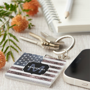 Rustic Red White Blue Sparkles USA flag Monogram Key Ring