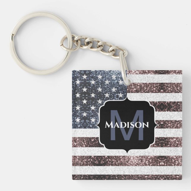 Rustic Red White Blue Sparkles USA flag Monogram Key Ring (Front)