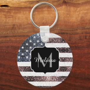 Rustic Red White Blue Sparkles USA flag Monogram Key Ring