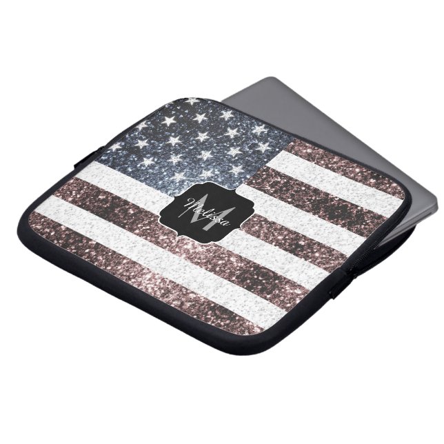 Rustic Red White Blue Sparkles USA flag Monogram Laptop Sleeve (Front Top)