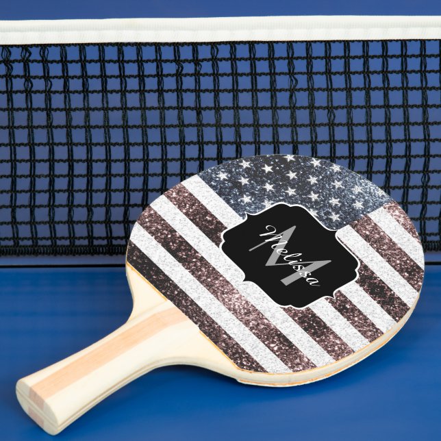 Rustic Red White Blue Sparkles USA flag Monogram Ping Pong Paddle (Insitu)