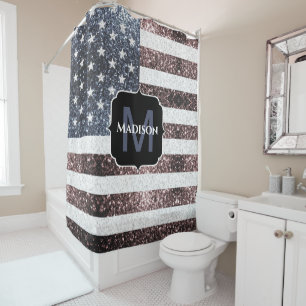 Rustic Red White Blue Sparkles USA flag Monogram Shower Curtain
