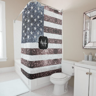 Rustic Red White Blue Sparkles USA flag Monogram Shower Curtain