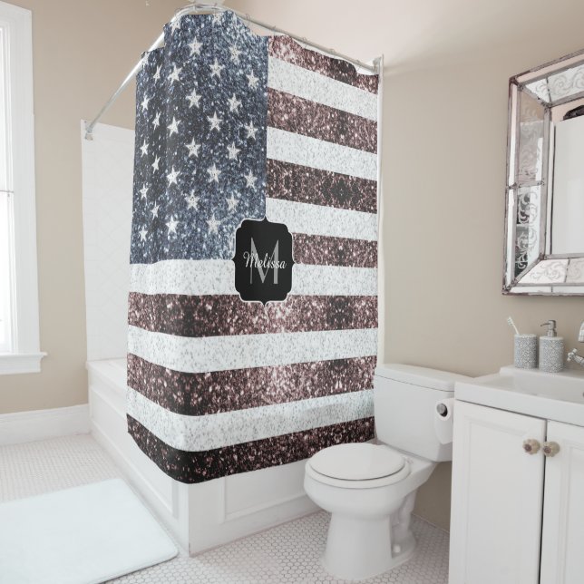 Rustic Red White Blue Sparkles USA flag Monogram Shower Curtain (In Situ)