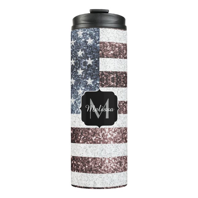 Rustic Red White Blue Sparkles USA flag Monogram Thermal Tumbler (Front)