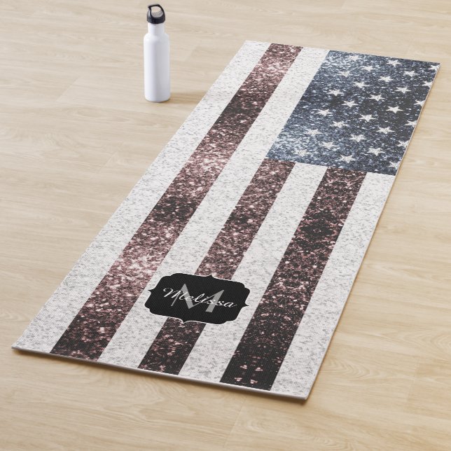 Rustic Red White Blue Sparkles USA flag Monogram Yoga Mat (In Situ)