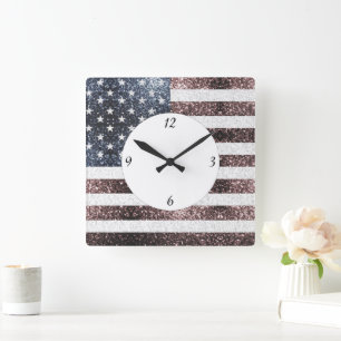 Rustic Red White Blue Sparkles USA flag  Square Wall Clock