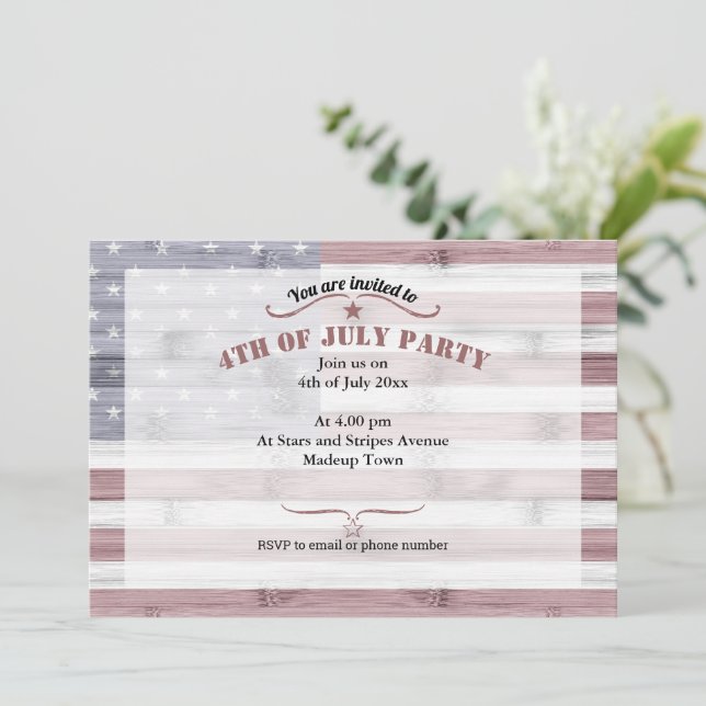 Rustic Red White Blue Wood USA flag America 4 July Invitation (Standing Front)