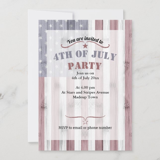 Rustic Red White Blue Wood USA flag America 4 July Invitation (Front)