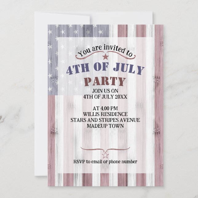 Rustic Red White Blue Wood USA flag America 4 July Invitation (Front)