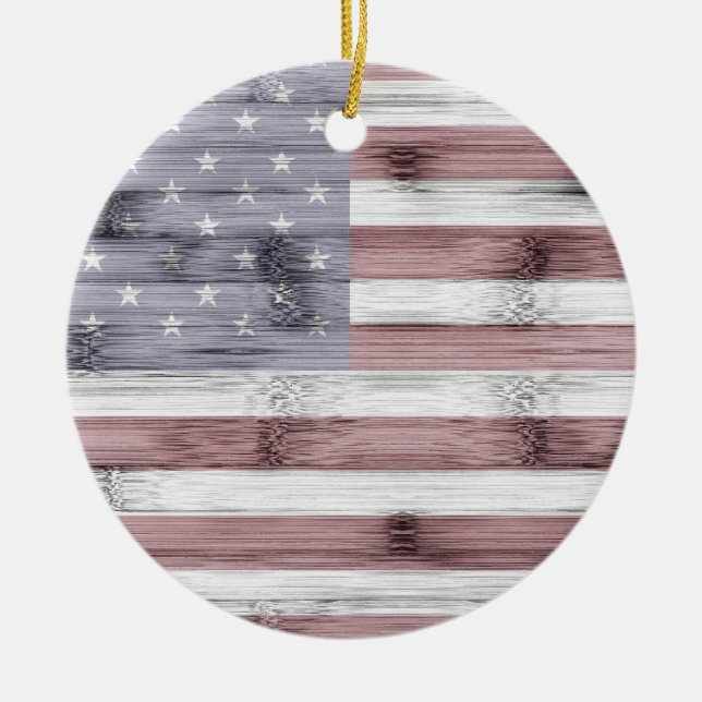 Rustic Red White Blue Wood USA flag America Ceramic Tree Decoration (Front)