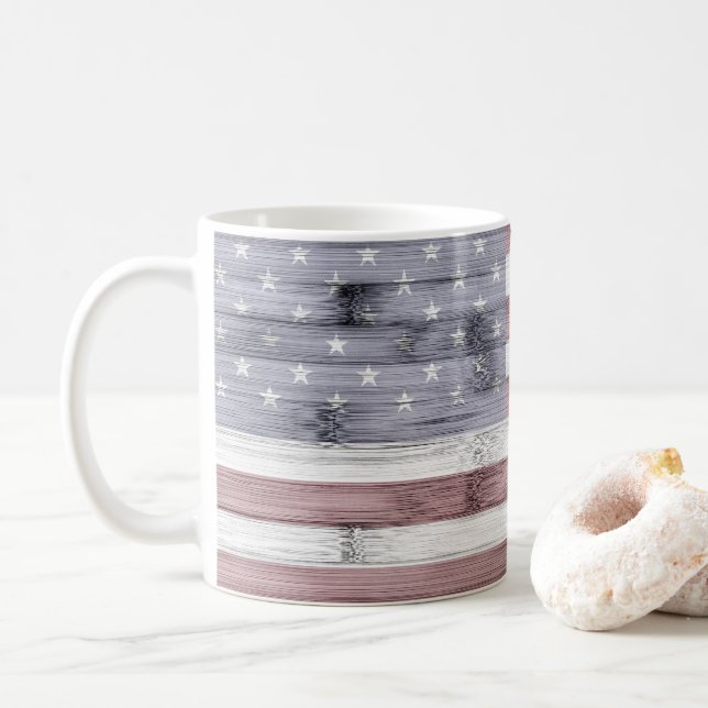 Rustic Red White Blue Wood USA flag America Coffee Mug (With Donut)