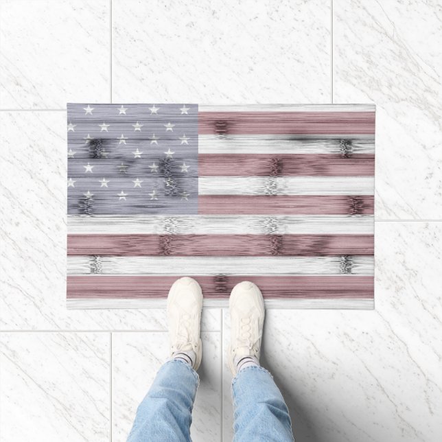 Rustic Red White Blue Wood USA flag America Doormat (Indoor)