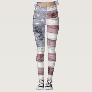 Rustic Red White Blue Wood USA flag America Leggings