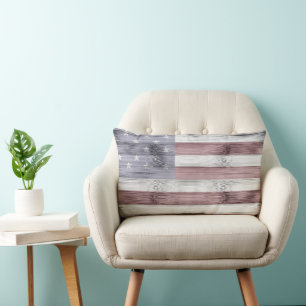 Rustic Red White Blue Wood USA flag America Lumbar Cushion