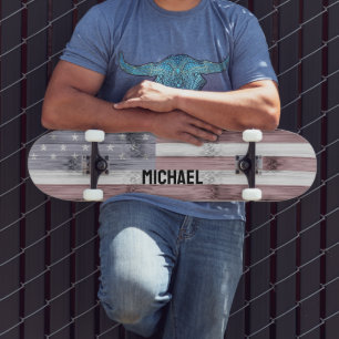 Rustic Red White Blue Wood USA flag America Name Skateboard