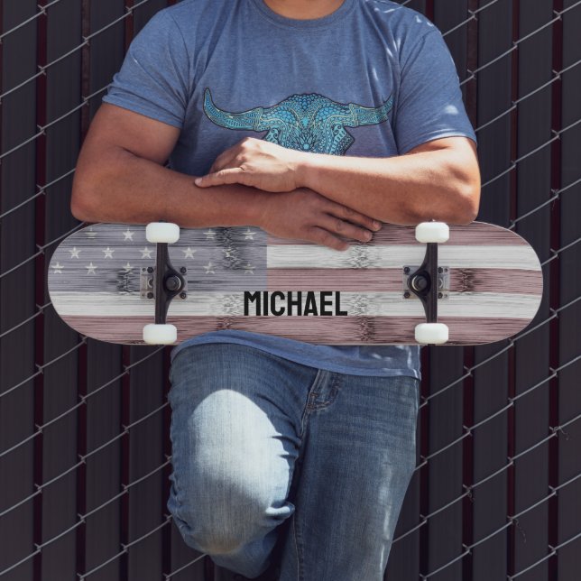 Rustic Red White Blue Wood USA flag America Name Skateboard (Outdoor 3)