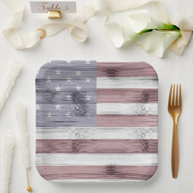 Rustic Red White Blue Wood USA flag America Paper Plate (Wedding)