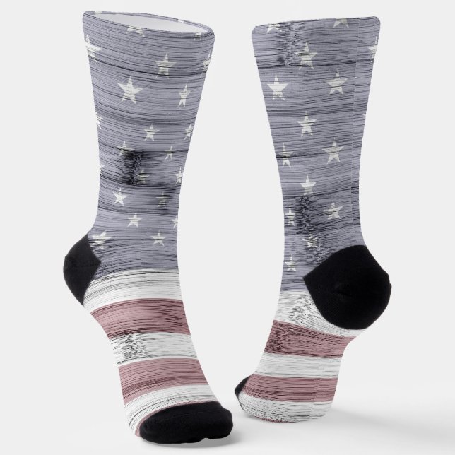 Rustic Red White Blue Wood USA flag America Socks (Angled)