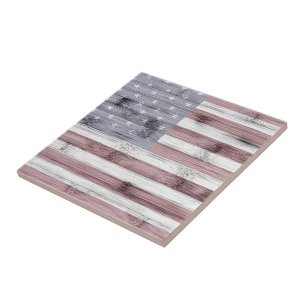 Rustic Red White Blue Wood USA flag America Tile