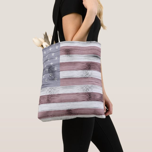 Rustic Red White Blue Wood USA flag America Tote Bag (Close Up)