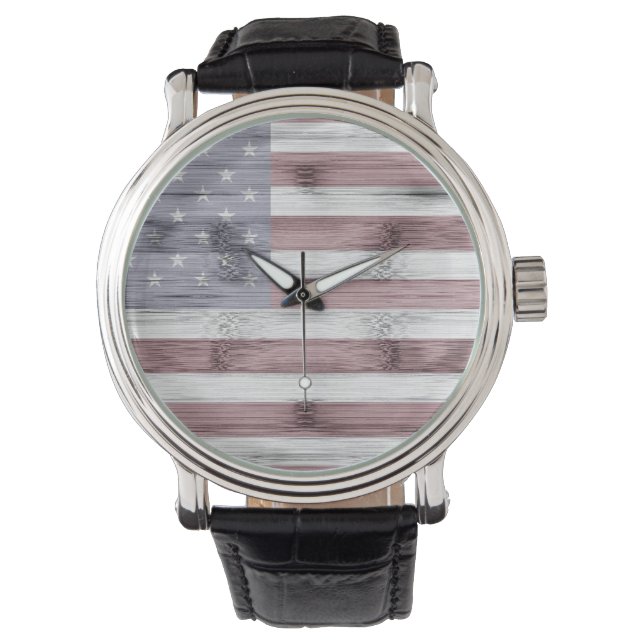 Rustic Red White Blue Wood USA flag America Watch (Front)