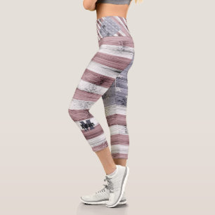 Rustic Red White Blue Wood USA flag Monogram Capri Leggings