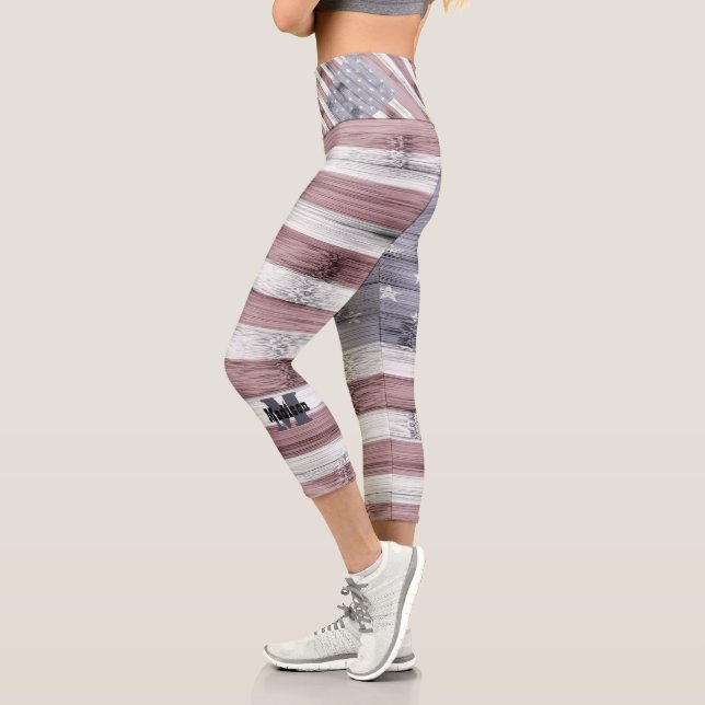 Rustic Red White Blue Wood USA flag Monogram Capri Leggings (Left)