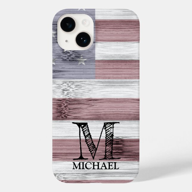 Rustic Red White Blue Wood USA flag Monogram Case-Mate iPhone Case (Back)