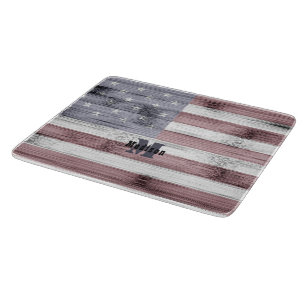 Rustic Red White Blue Wood USA flag Monogram Cutting Board