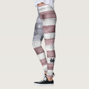 Rustic Red White Blue Wood USA flag Monogram Leggings