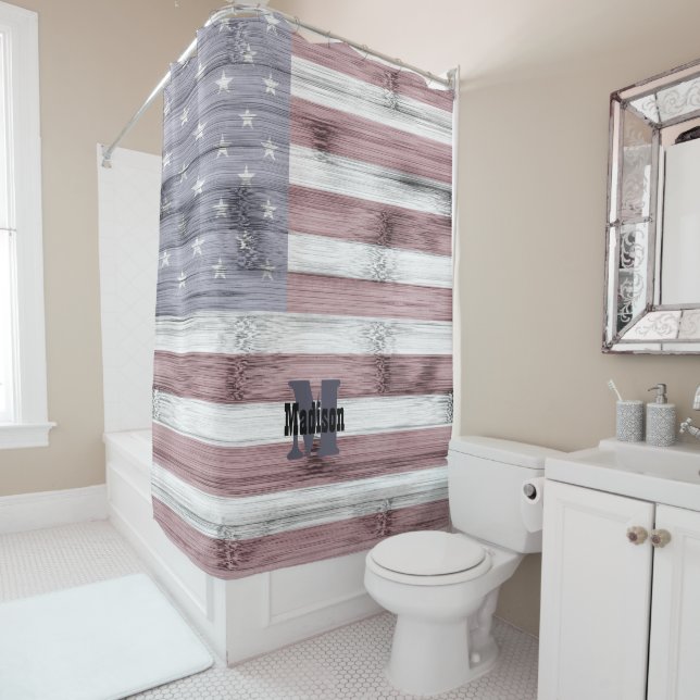 Rustic Red White Blue Wood USA flag Monogram Shower Curtain (In Situ)