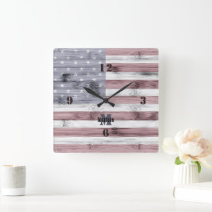 Rustic Red White Blue Wood USA flag Monogram Square Wall Clock