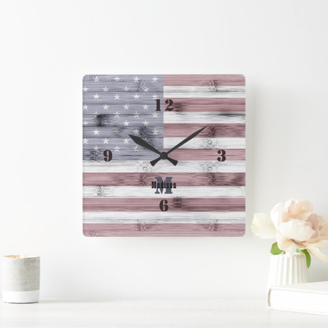 Rustic Red White Blue Wood USA flag Monogram Square Wall Clock (Home)